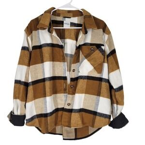 Kensie Jeans Plaid Flannel Shirt Jacket Oversized Brown Black‎ Large Shacket